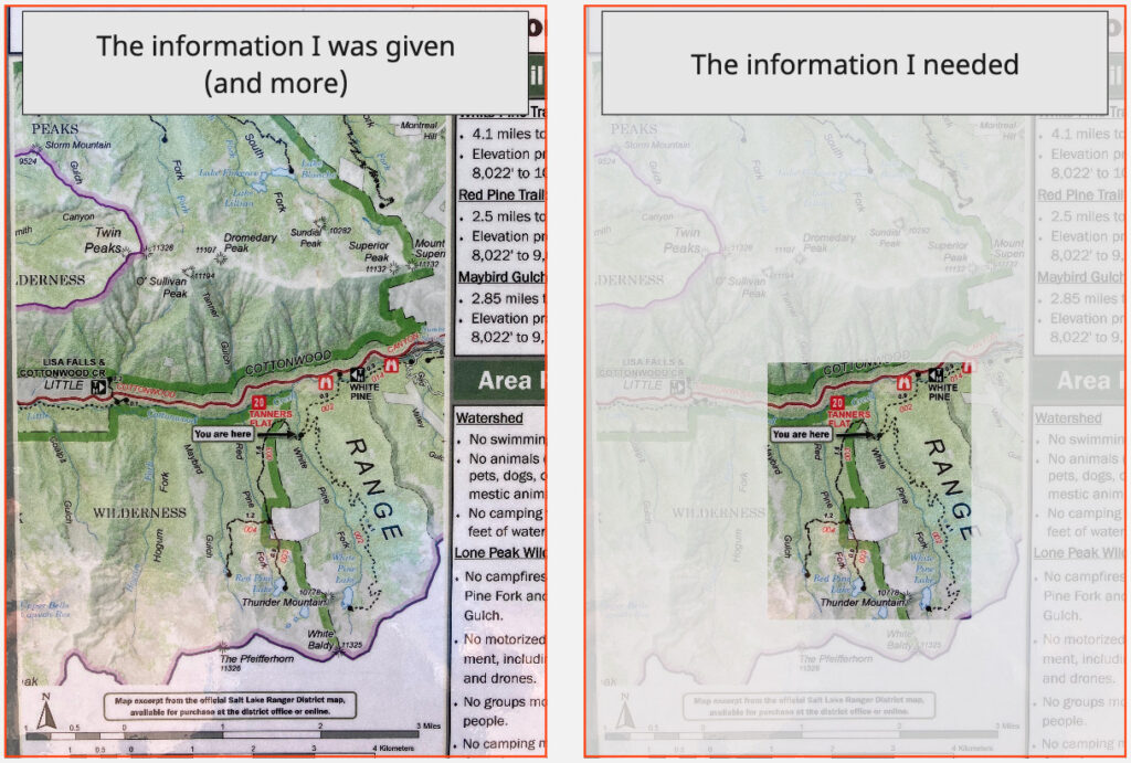 Side-by-side images of a trail map. The left reads "The information I was given (and more) and shows a large area of the map. The right reads "The information I needed" with all but a small rectangular section of the map greyed out