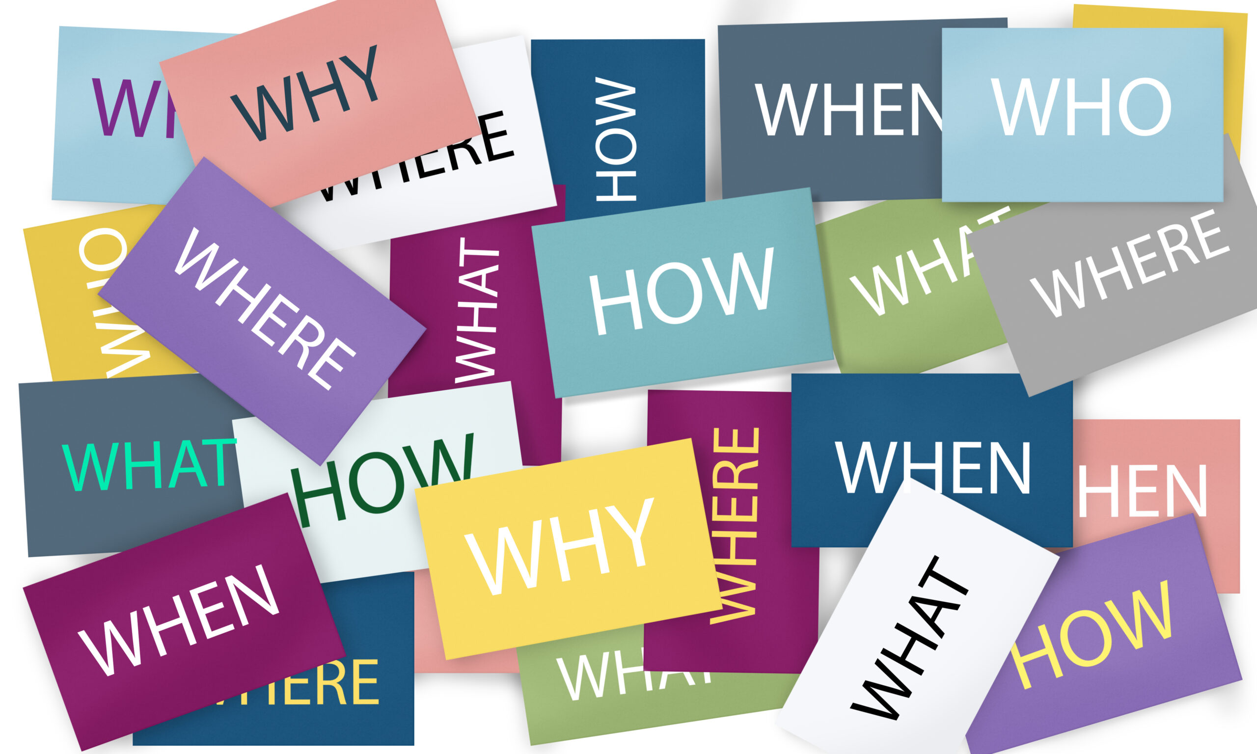 Image of who, what, where, when, how, and why representing asking the right questions.