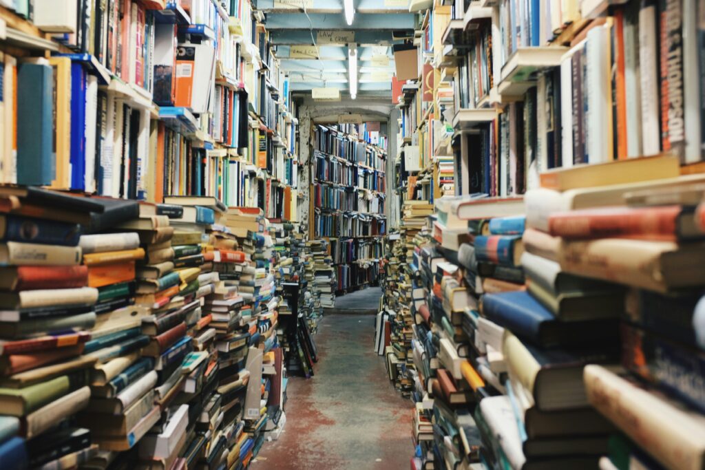 A narrow aisle in a crowded bookstore with books stacked and shelved in a seemingly haphazard fashion, creating a colorful mosaic of spines and titles that invites exploration.